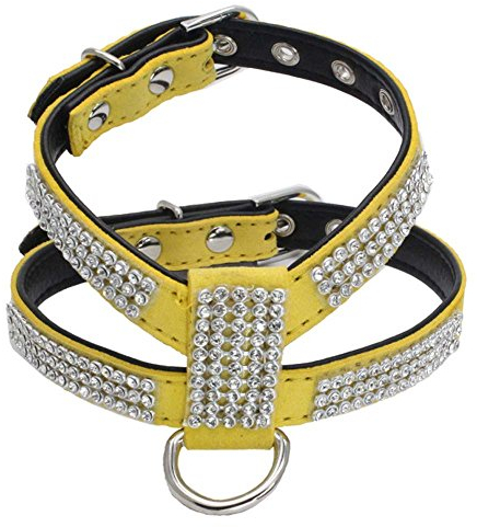 Dogs Kingdom Hundegeschirr aus glänzendem Leder, mit Strass, für kleine und mittelgroße Hunde, Chihuahua-Geschirr, Gelb, Größe L