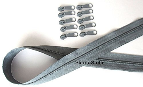 5m Reißverschluss endlos, Spirale 3mm + 15 Schieber/Zipper 32 Farben, Meterware (Hellgrau)