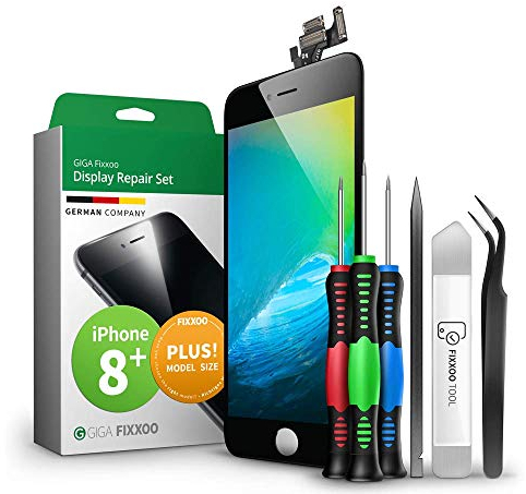 GIGA Fixxoo Display Set kompatibel mit iPhone 8 Plus, Reparaturset Komplett Schwarz, Ersatz Bildschirm, Retina LCD Glas mit Touchscreen, inkl. integrierte Frontkamera & Werkzeug