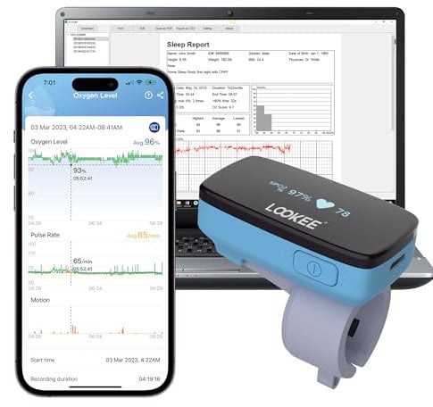 LOOKEE Ring-Pro Wearable Oxygen Monitor with Vibration Reminder for Low O2 - Continuous Pulse Oximeter -Rechargeable Blood Oxygen Saturation Tracker for SpO2 & PR - Free APP & PC Reports