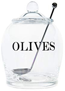Creative Co-op Clear Glass Olive Jar with Lid & Slotted Stainless Steel Spoon (Set of 3 Pieces Including Lid) Food Storage,