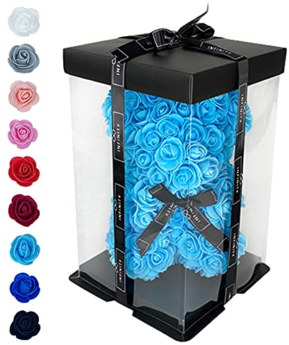 Infinity® Rosenbär Blau 25 cm – Handgefertigter Bär mit Geschenkbox & über 300 duftenden 3D-Rosen – Geschenk für Frauen, Geburtstag oder Jahrestag