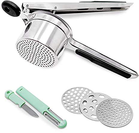Cook Army Prensador de patatas de acero inoxidable, herramienta profesional de cocina de 15 onzas con 3 discos intercambiables y pelador de patatas vegetarianas 3 en 1. Haz puré de papas perfecto cada