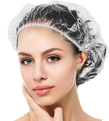PIQIUQIU 100 Stück Einweg Duschhaube, Kunststoff Duschkappe, Haarschutz Haarhaube für Salon, Spa, Reise, Hotel, Dusche, Braids Durchsichtig