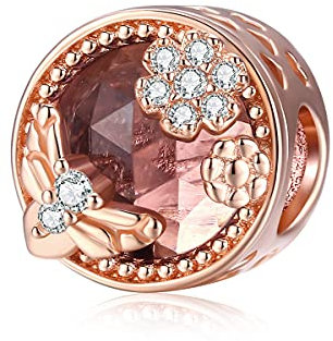 Charm in argento Sterling 925 con cristalli e zirconi trasparenti, con pietra portafortuna in oro rosa per braccialetti Pandora, Oro rosa cristallo Oro rosa