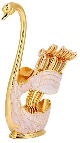 Kaffeelöffel-Ständer-Set, Dessertlöffel-Set, Kuchen, Eislöffel, Geschirr-Set, Bogen-Design, Eleganter Schwanensockel, Polierte Oberfläche, Geschirrhalter, Organizer für das(Goldenes Weiß)