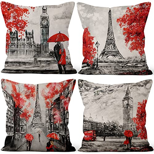Aoihrraan Kissenbezüge 4 Stück, 41x41cm Eiffelturm Ölgemälde Frankreich Paris Moderner Dekorativer Quadratischer Kissenbezug, Leinen Kissenbezüge mit Unsichtbarem Reißverschluss für Sofa Schlafzimmer