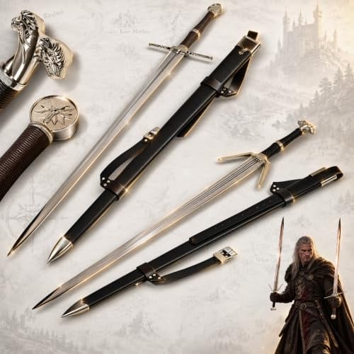 Witcher Schwerter Set – Geralt von Riva Silberschwert + Stahlschwert mit Scheide, Metallschwerter für Cosplay, Silber Schwert, Stahl Schwert, Geschenk für Sammler und Fans, exklusives Bundle