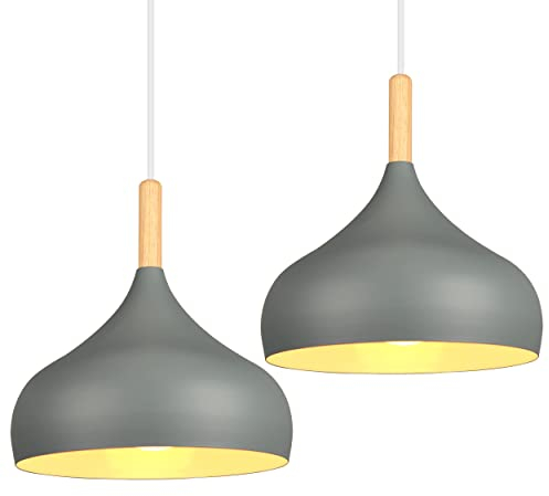 iDEGU Hängelampe Retro 24cm Hängeleuchte Moderne Skandinavisch E27 Deckenleuchte aus Metall Holz Pendelleuchte für Schlafzimmer Esszimmer Küche Wohnzimmer (Grau, 2 Stücke)