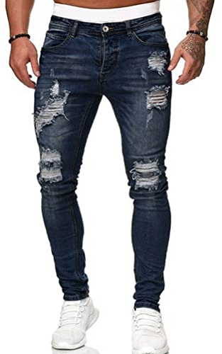 Osheoiso Herren Destroyed Jeans Biker Hose Herren Löcher Slim Fit Lang Jeans Denim Hose Vintage Männer Zerrissen Jeanshose Skinny Jeanshosen Bleistifthose Hosen A Dunkelblau L