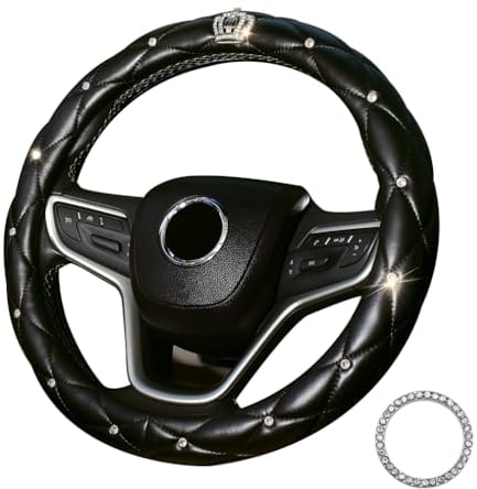 coofig Lenkradbezug Glitzer Universal Lenkradhülle Leder Universal 38cm/15 Inch Strass Lenkrad Bezug Atmungsaktive Steering Wheel Cover Auto Zubehör Innenraum Frauen (Schwarz)
