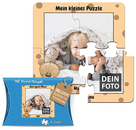 Fotopuzzle aus Holz für Kinder mit Name und Foto Puzzle selbst gestalten - Mein kleines Puzzle mit Bär, Kinderpuzzle | 19 x 19 cm, 4 Teile in Kartonverpackung