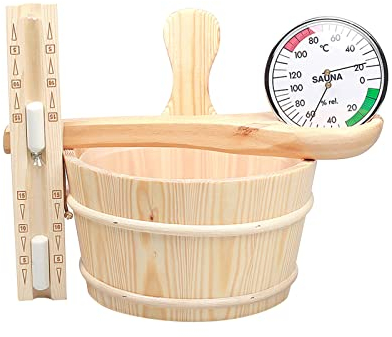 Seau Pour Sauna en bois Pin Finlandais naturel, Set Sauna Home Spa pour Désintoxication Fitness Beauté, avec seau 5L et louche en bois sablier minuteur hammam spa sauna