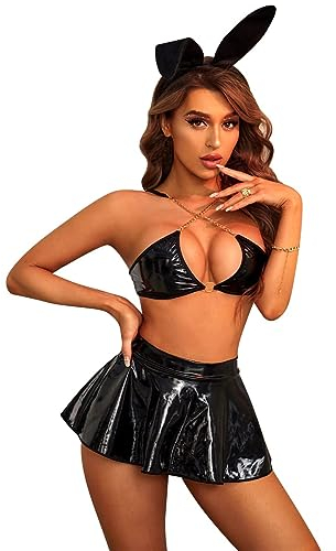ROSVAJFY Damen Bunny Girl Lack Leder Dessous, Sexy Hasenmädchen Cosplay Uniform, Wetlook Rave Outfits Musik Festival Häschen Kostüm Halloween 4 Stück Top+Minirock+Tanga+Stirnband (Schwarz)