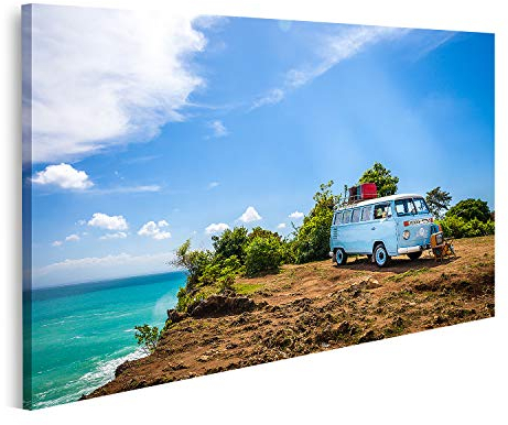 islandburner Bild auf Leinwand Oldtimer Retro Auto Volkswagen Bus T1 Van am tropischen Strand Bali Leinwandbild Poster Wandbild Bilder