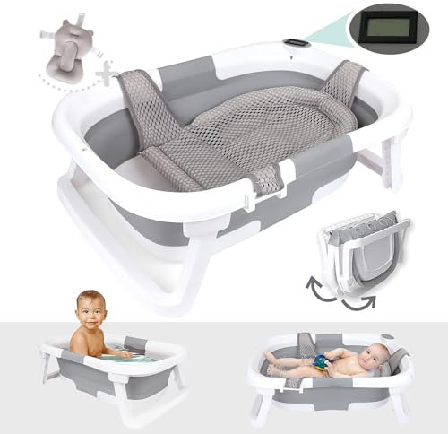 BEBELEH™ Bañera plegable para bebé con termómetro, bañera + cabestrillo para bañera + cabestrillo para recién nacido, bañera para bebés recién nacidos a niños pequeños de 0 a 24 meses, la mejor bañera