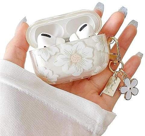 MINSCOSE Kompatibel mit AirPods Pro 2 Klar Hülle,Niedliches Cartoon Blumenmuster Design mit floralem Schlüsselanhänger,Weiches TPU Schützendes Stoßfestes Gehäuse für AirPod Pro 2 für Mädchen-Weiß