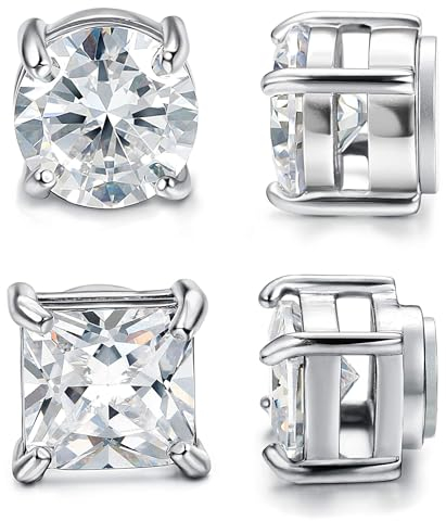 CASSIECA 2Paires Boucles d'Oreilles Magnétique Homme Boucles d’Oreilles Non Percées Acier Inoxydable Boucle d'Oreilles Aimant Sans Trou Boucle d'Oreilles Clip Non Piercing Diamant Argent 7MM