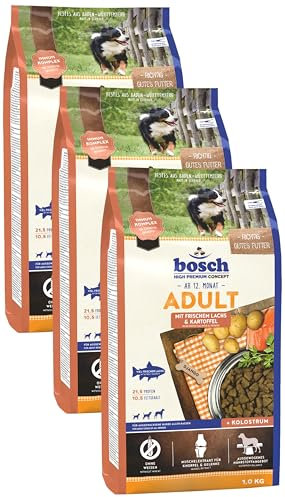 Bosch HPC Adult mit frischem Lachs & Kartoffel | Hundetrockenfutter für ausgewachsene Hunde Aller Rassen | 1 x 1 kg (Packung mit 3)