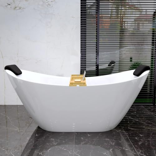KOLMAN Freistehende Badewanne 180x80 cm IVAR, Ablaufgarnitur Click-Clack, Weiß, Exclusive, Modern + 2x Schwarz Badewannenkissen + Bambus Badewannenablage
