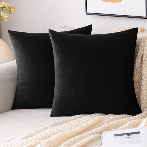 EMEMA Samt Kissenbezug Kissenhülle 50x50 cm Dekorative Dekokissen Schwarz Sofakissen Lendenkissen Wurfkissenbezug mit Verstecktem Reißverschluss Schlafzimmer Sofa 2er Set