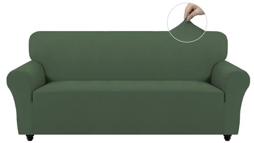 Easy-Going Stretch Sofa Überzug 3 Sitzer, Rutschfester Sofabezug für Hund Katze, Waschbarer Fleece Couch Überzug Bezug, Weicher Küchensofa Couch Cover, 1 Stück Sofaschoner mit Armlehnen, Graugrün