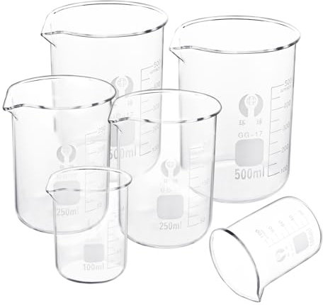 VIDETOL 6 vasos medidores de cristal, 100 ml, 250 ml y 500 ml, vidrio de borosilicato con graduación y boquilla para laboratorio, cocina