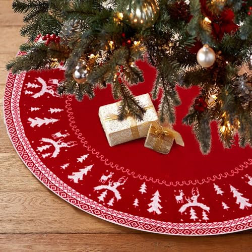 Bseical Jupe De Sapin De Noel, 120 cm Cache Pied Sapin De Noel, Ronde Pied De Sapin De Noel, Tricot Tapis Sapin Noel, Couvre-Pied De Sapin pour Arbres De NoëL DéCorations De FêTes De Noel (Rouge)