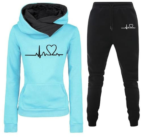 Donna Tuta Sportiva Set Stampa Forma di Cuore Maniche Lunghe Felpa con Cappuccio e Jogging Pantaloni Invernale Abbigliamento Cotone Elegante Fitness Completo Sportivo Tuta Ginnastica 2 Pezzi Curvy