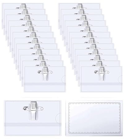 24 Stück Namensschilder für Kleidung,90 X 56mm Transparent Namensschild Ausweishalter PVC Namenschilderhülle mit Clip & Anstecknadel für Schule Unternehmen Konferenzen Reisen (24)