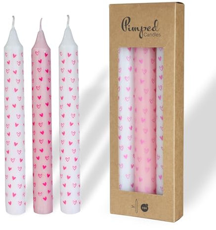 COMFORDER Stabkerzen Set bedruckt, 3x Tafelkerzen mit Motiven – kleine Herzen, 20cm, 7 Stunden Brenndauer (Weiß + Rosa)