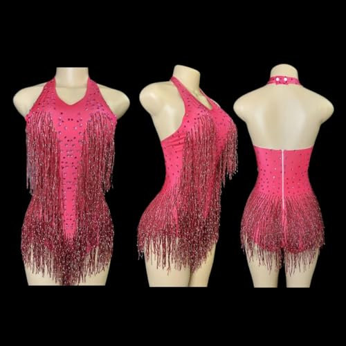 Glitzernder Body mit Strasssteinen und Fransen für Damen, Vightclub, Party, Tanzkostüm, Bühnenkleidung, sexy Quaste, Turnanzug, Performance-Kleidung, G7-Wassermelonenrot-L-XL