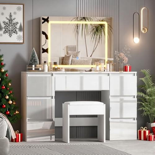 BSTSEL 120x40x75 cm White High Gloss 7 Drawers Dressing Table Vanity Desk with Stool Set Makeup Table with Large Adjustable Brightness Mirror for Bedroom 7 Chest of Drawers Dresser (White)