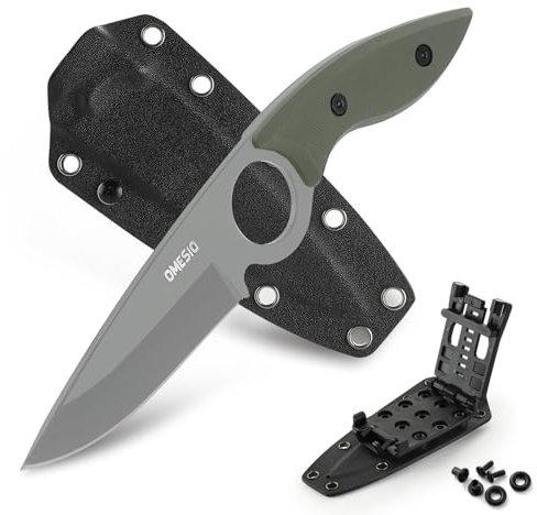 Omesio Cuchillo Outdoor 5CR13MOV De Acero Con Espiga Completa, Hoja Fija Con Punta Descendente De 8,5 Cm, Cuchillo De Cinturón Edc Con Funda Kydex Survival L-Sy (Mango Verde + Hoja Blanca)