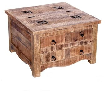 Licht-Erlebnisse Truhentisch mit Schubladen Couchtisch aus Mangoholz 70 x 70 x 45 cm (LxBxH) Vintage Design Sofatisch Wohnzimmertisch
