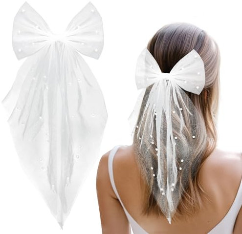 BETESSIN JGA Schleier Braut – Weißer Schleier mit Perlen & Schleife – Braut Haarschmuck mit Haarspange – Eleganter Brautschleier für Junggesellenabschied & Hochzeit