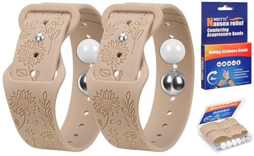 Travel Sickness Bands, Adjustable Acupressure Decoration Wristbands, Acupressure Nausea Relief Band for Morning Motion Sickness, Bands for Car Sea Fly Sickness-Milk Tea