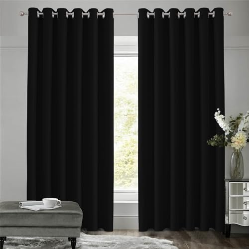 VEHEDE Black Out Living Room Curtains, 90x90 Inch Large Door Window Thermal Insulated Drapes with Eyelet Noise Reducing Bedroom Curtain, Black, 2 Panels