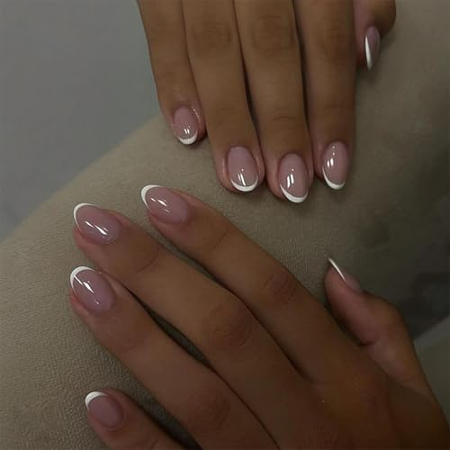 24Pcs Short Oval Press on Nails, Natural Pink Base with White French Tip Design, for Elegant Manicure - Waterproof Long Lasting Fake Full Cover Stick on with Elegant Nude Pink