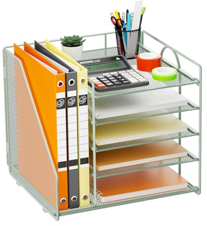 Volmop Schreibtisch-Organizer, 5-Stufiger Papierkorb-Organizer mit Aktenhalter, Netz-Aktenhalter, Schreibtisch-Organizers und Aufbewahrung für Schreibtischzubehör und Büromaterial, Grün