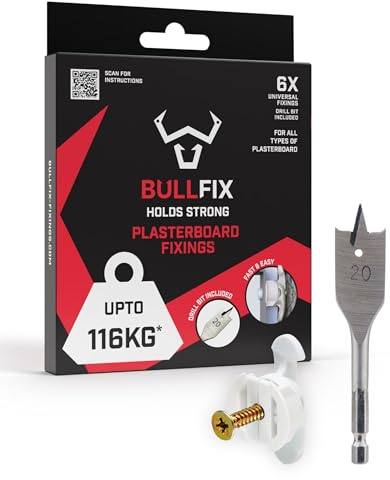 Bullfix Universal Plasterboard Fixings Heavy Duty - 6 Pack | Drywall Anchor for Dot & Dab, Stud & Hollow Cavity, Wall Anchor Kit with Screws, 20mm Drill Bit, Holds 116kg