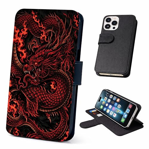 Dragon Wallet Phone Case Flip Cover Compatible with iPhone SE 7 8 X XR 11 12 13 14 15 16 16E 17 Plus Mini Pro Max – Mystical Pink Dragon, Faux Leather Fantasy Case with Card Slots, Red Black