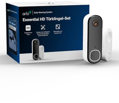 Arlo Essential HD Videocitofono + Campanello Chime, Telecamera WiFi Esterno Senza Fili, Campanello Senza Fili Da Esterno, Citofono Smart, Sensore Movimento, Sirena, Prova Inclusa Arlo Secure, Bianco