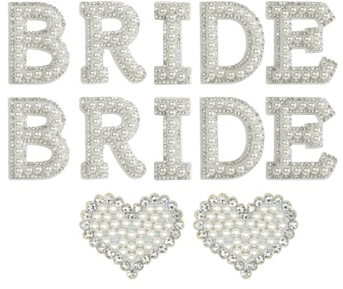 Shensuii Self Adhesive Bride Pearl Patches for Fabric, 12pcs | Bride Rhinestone Iron On Patches, Bride Rhinestone Letters for Clothing Hats DIY and Wedding Bachelorette Party