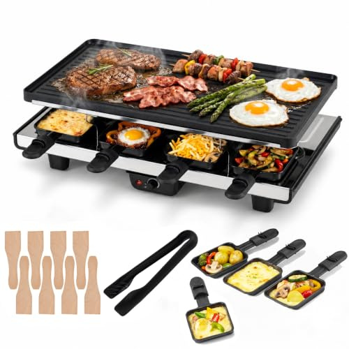 TANGZON Raclette Grill for 8, Electric Table Grill with 8 Pans | 1400W Reversible Non-Stick Griddle Plate, Adjustable Thermostat, Spatulas and Tongs for Indoor Party Cooking
