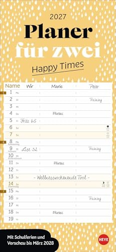 Deko-Slimplaner Happy Times 2027: Modern-minimalistisch mit grafischem Akzent: Schmaler Partnerkalender für gute Terminübersicht. Wandkalender 2027 für zwei im Format 16 x 34,7 cm