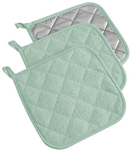 DII 100% Cotton, Terry Pot Holder Set Machine Washable, Heat Resistant, 7 x 7, Mint, 3 Piece