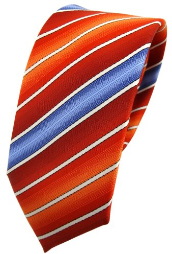 TigerTie - schmale Designer Krawatte in orange rotorange dunkelorange blau creme gestreift