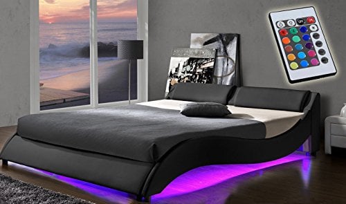 Cherry Tree Furniture CORVUS Black PU Leather Bed Frame with Underbed LED (Black, 4FT6 Double)