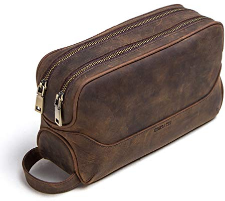 Contacts Homme Trousse de Toilette de Affaires Voyage en Cuir de Vache avec Grande Capacité Double Fermeture Éclair, 5#café, Taille Unique, Trousse de Toilette